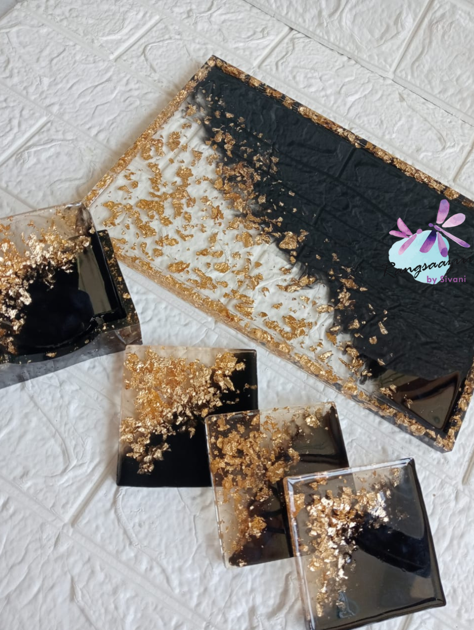 Rangsaazii 12x9 INCH Black Resin Tray With Coaster